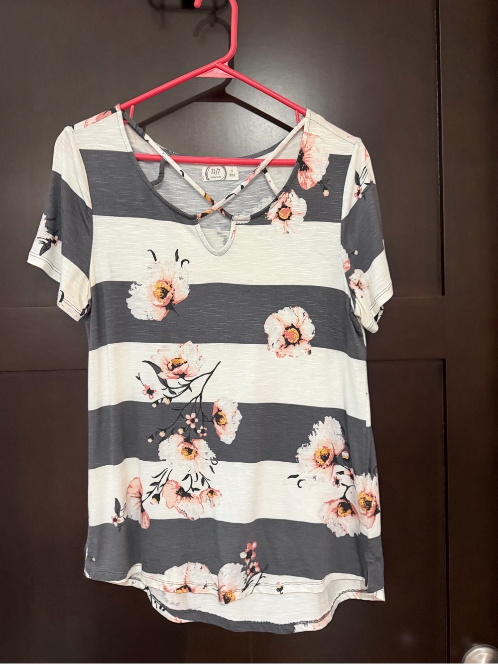 Maurices Striped Short-Sleeve Floral Tee - Gray, White & Pink